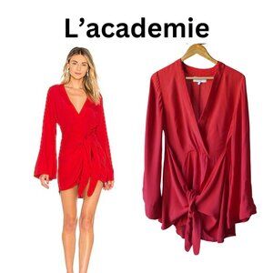 REVOLVE l'academie Red Wrap Mini dress w Bell Sleeves V neck SEXY